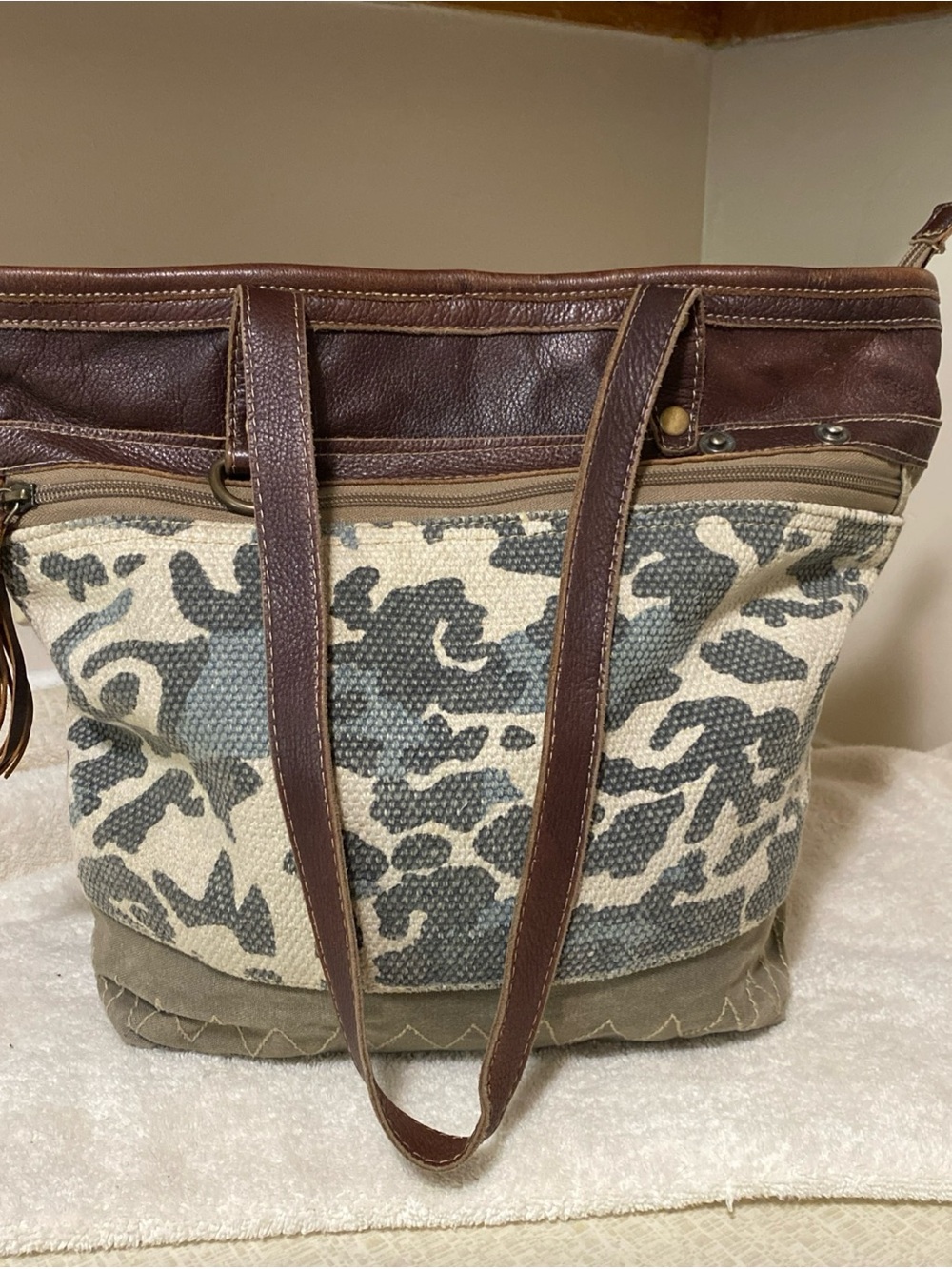 Myra Bag Canvas Tote with Brown Leather Trim and Gray Pattern